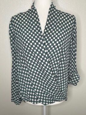 Pleione Womens Teal Polka Dot Long Sleeve V-Neck Faux Wrap Top Blouse Size S EUC